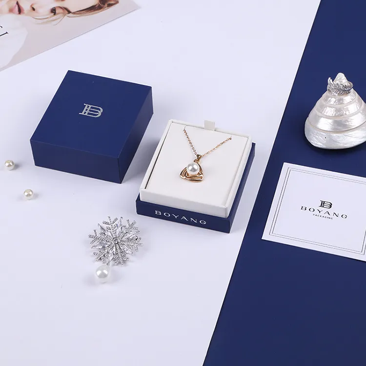 Boyang Custom Blue Lid and Base Paper Jewelry Boxes Rectangle Pearl Necklace Packaging Box