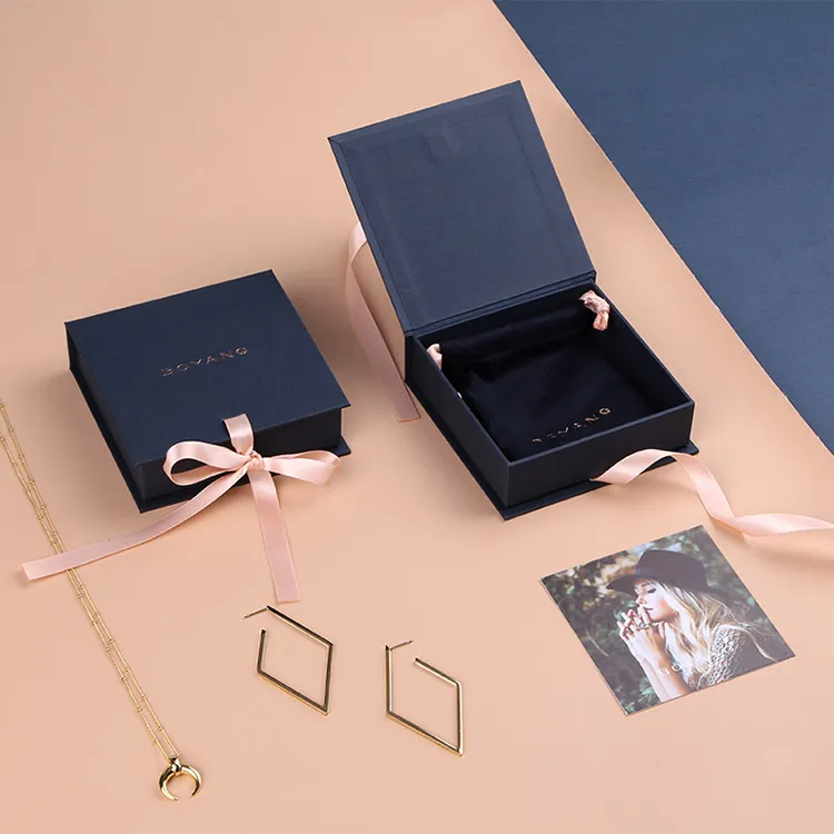 Boyang Custom Jewelry Packaging Boxes Book Shape Paper Gift Necklace Luxury Box with Ribbon