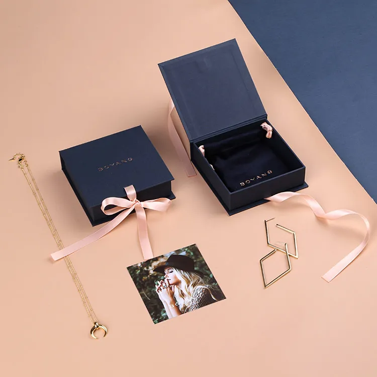 Boyang Custom Jewelry Packaging Boxes Book Shape Paper Gift Necklace Luxury Box with Ribbon