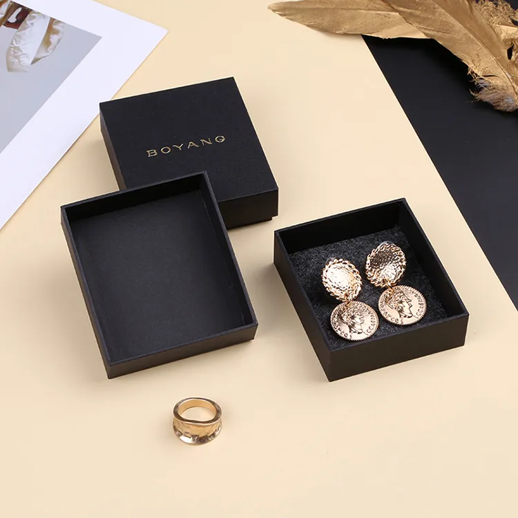 Boyang Custom Lid + Base Style Black Necklace Pendants Packaging Textured Paper Jewelry Boxes with Logo