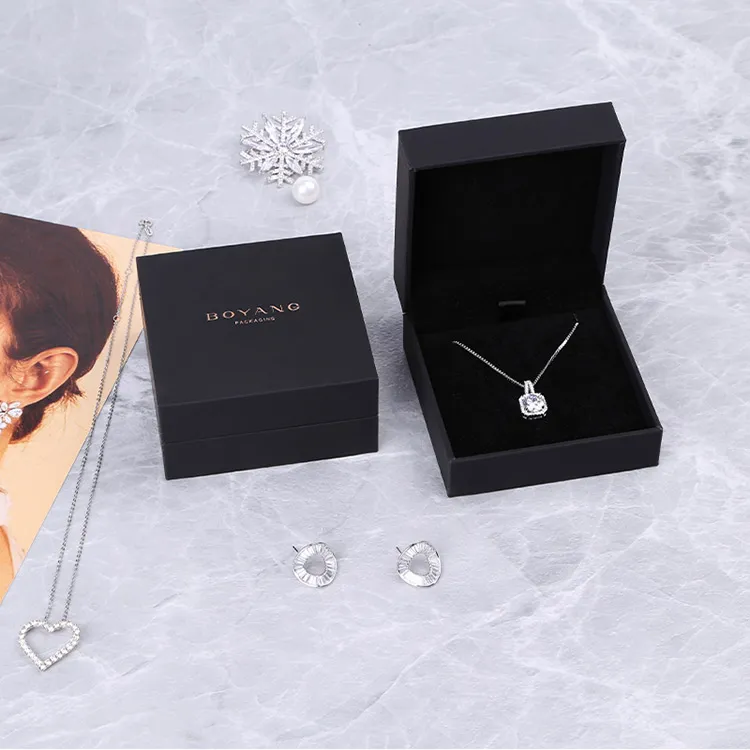 Boyang Custom Logo Black Paper Plastic Hinge Jewelry Pendant Gift Packaging Box Necklace