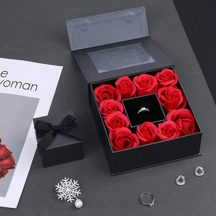 Boyang Custom Luxury Jewelry Box Packaging Black Gift Wedding Ring Box with Flowers