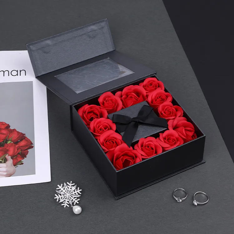 Boyang Custom Luxury Jewelry Box Packaging Black Gift Wedding Ring Box with Flowers