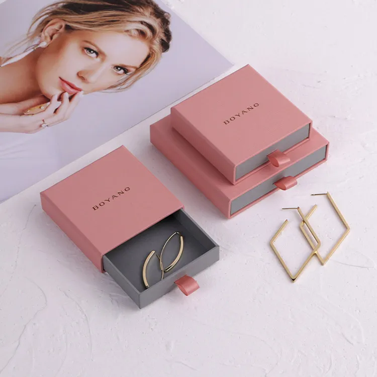 Boyang Custom Luxury Pink Paper Sliding Drawer Ring Earring Jewelry Gift Boxes with Logo