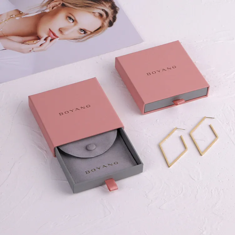 Boyang Custom Luxury Pink Paper Sliding Drawer Ring Earring Jewelry Gift Boxes with Logo