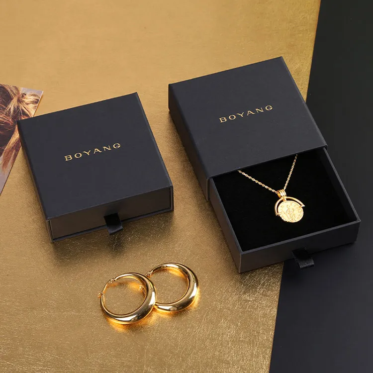 Boyang Custom Paper Drawer Sliding Black Jewelry Necklace Box Packaging Wholesale