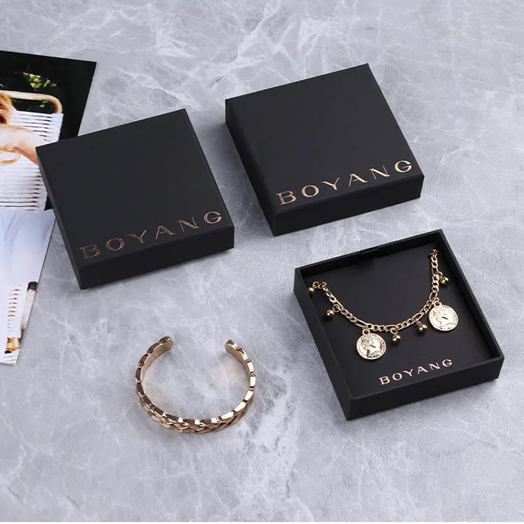 Boyang Custom Paper Square Black Necklace Jewelry Bangle Bracelet Package Gift Box with Bag