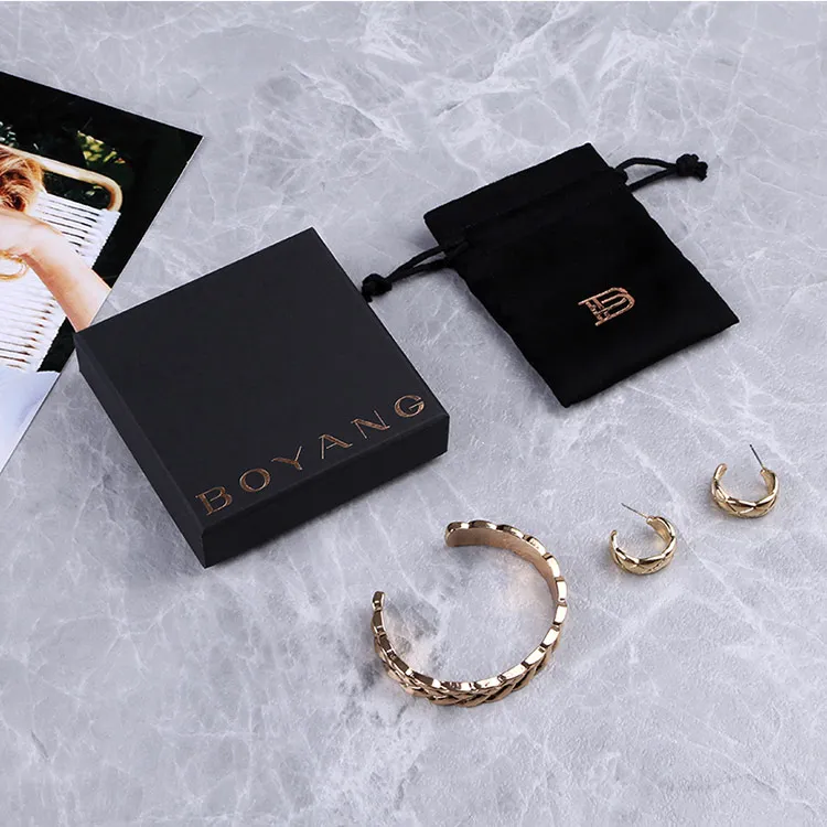 Boyang Custom Paper Square Black Necklace Jewelry Bangle Bracelet Package Gift Box with Bag