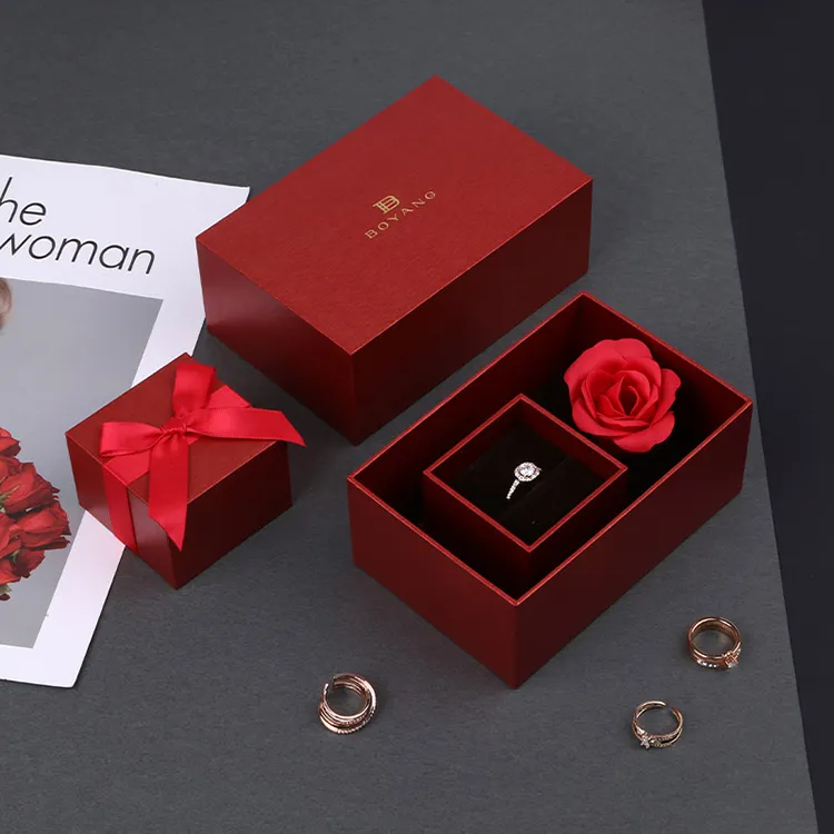 Boyang Custom Red Paper Valentines Day Engagement Wedding Ring Flower Boxes for Ceremony