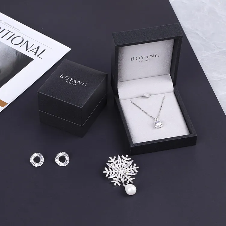 Boyang Custom Simple Black Paper Jewelry Box Packaging Necklace Set Box