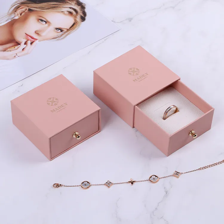 Boyang Customised Cheap Pink Paper Drawer Jewelry Boxes Square Ring Box