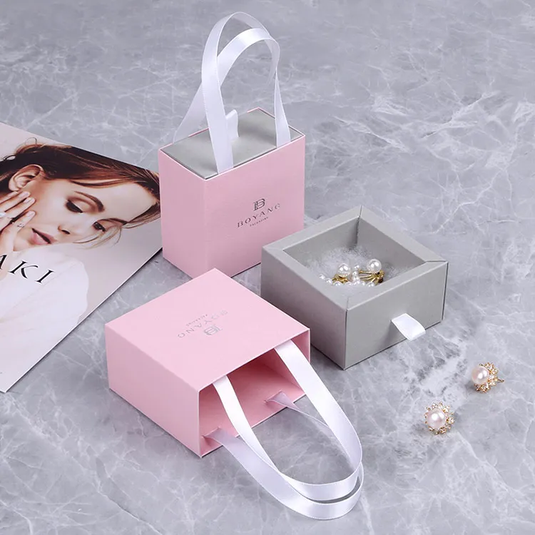 Boyang Customize Pink Paper Drawer Jewelry Boxes Earrings Gift Box Packaging with Pouch Bag