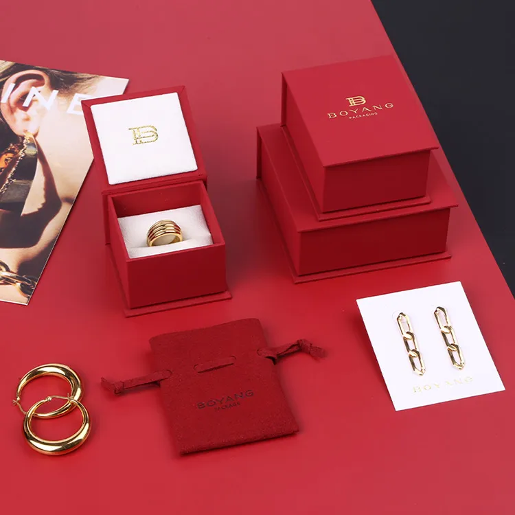 Boyang Luxury Book Shape Red Cardboard Small Packaging Paper Small Jewelry Ring Earring Customized Boxes