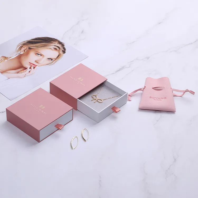 Boyang Luxury Gift Pink Drawer Paper Jewelry Box Earrings Necklaces Packaging with Logo Custom