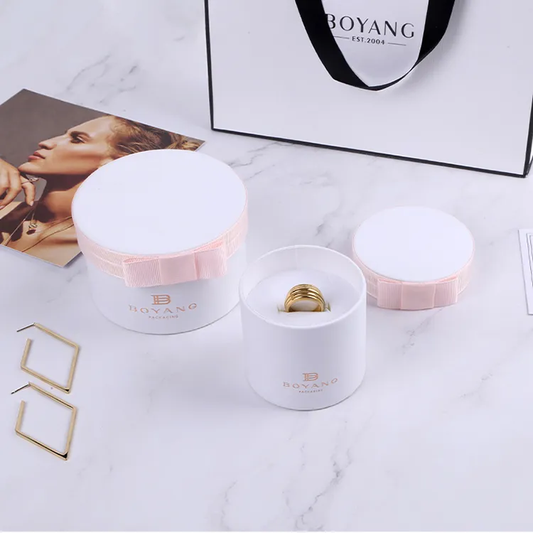 Boyang New Design Paper Round Jewelry Packaging Round Gift Ring Box with Paper Bag