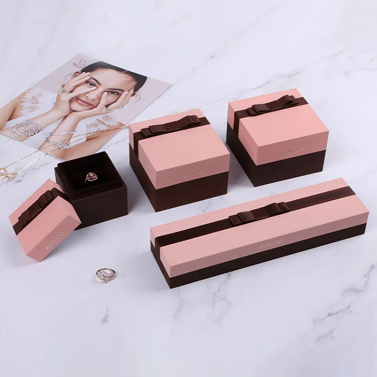 Boyang Pink + Chocolate Touch Feeling Paper Women Girls Ring Necklace Gift Jewelry Box