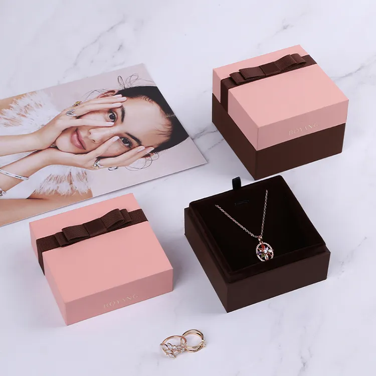 Boyang Pink + Chocolate Touch Feeling Paper Women Girls Ring Necklace Gift Jewelry Box