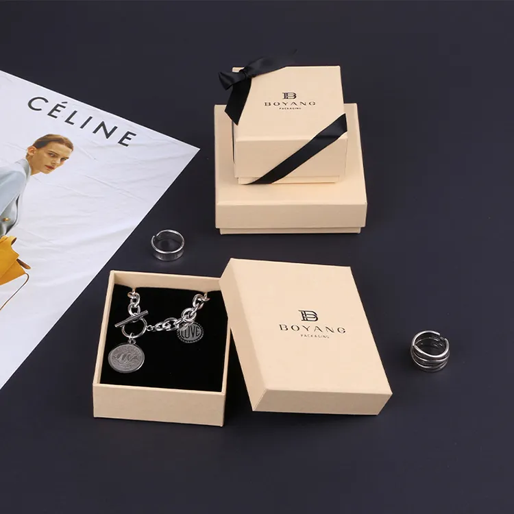 Boyang Wholesale Custom Logo Square Beige Lid and Base Jewelry Gift Packaging Necklace Boxes