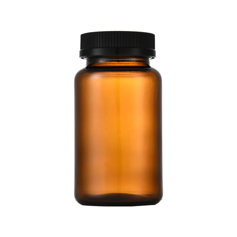 Capsule Tablet Reagent Light Proof Frosted Amber Color Medicine 75ml-500ml Black Cap Glass Bottle