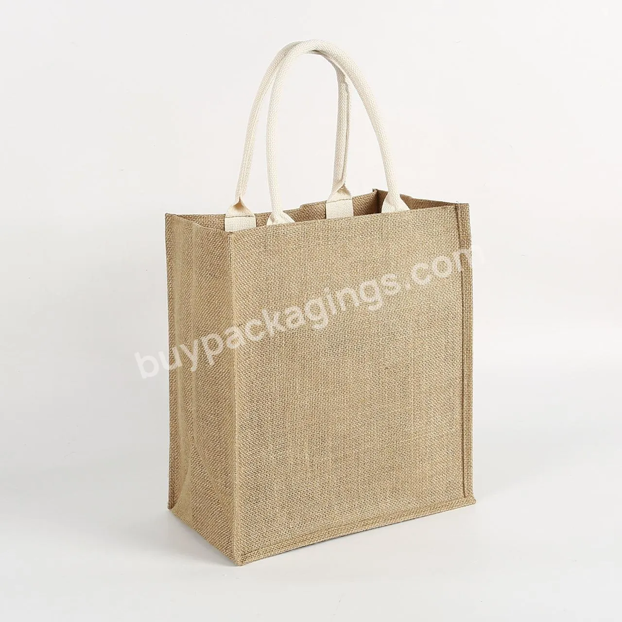 Cheap Natural Recycle Reusable Jute Burlap Shopping Tote Bag With Cotton Handle