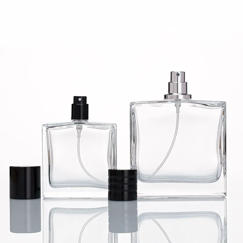 China Manufacturer Transparent Flat Shoulder Square Perfume Atomizer Rectangular 30ml Empty Glass Perfume Bottle