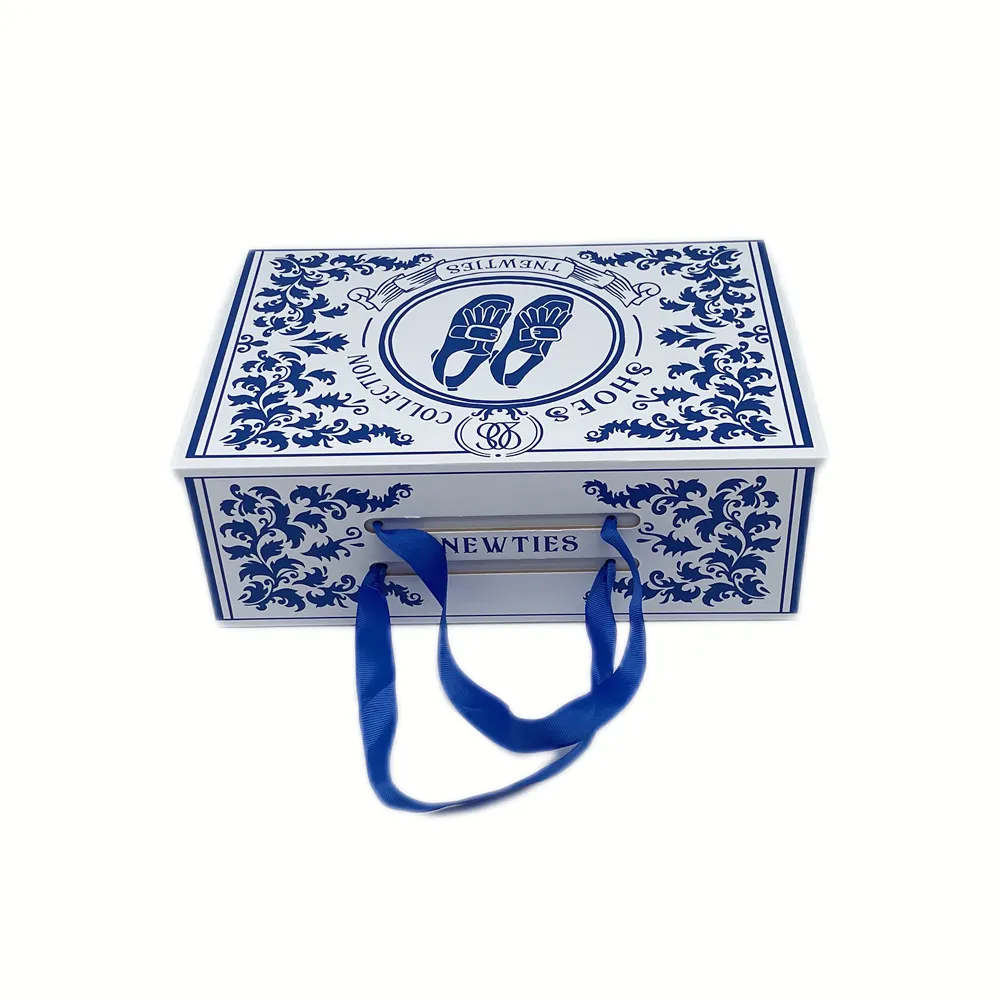 Chinese Style Printing Foldable Shoes Packaging Boxes with Ribbon Handle Paper Folding Box for Shoe