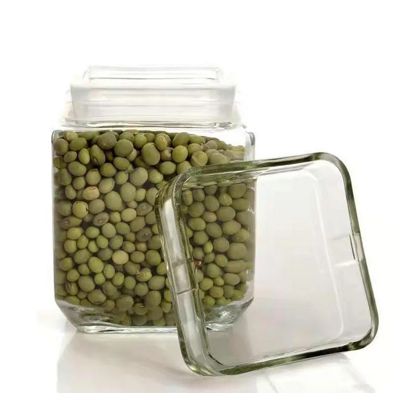 Clear Color Square Glass Jar With Airtight Glass Lids Transparent Food Storage Canisters Jar