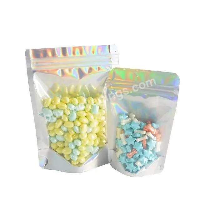 Clear Front Holographic Mylar Foil Zip Lock Packing Bags Translucent Laser Stand Up Zipper Top Bag For Cosmetic