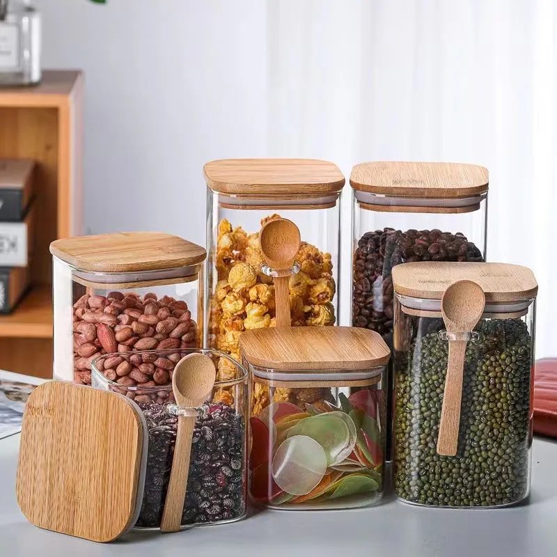 Clear Glass Food Storage Jars Containers With Airtight Bamboo Lid For Candy