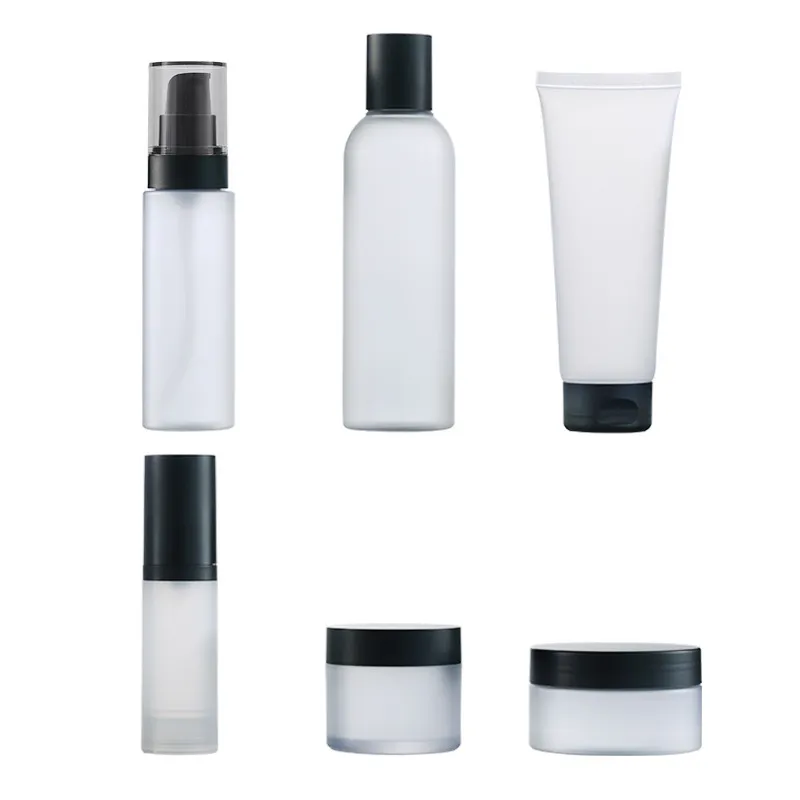 Cosmetic Set Frosted Texture  High Quality Black Color Cap Travel Set Vacuum Plastic Bottle