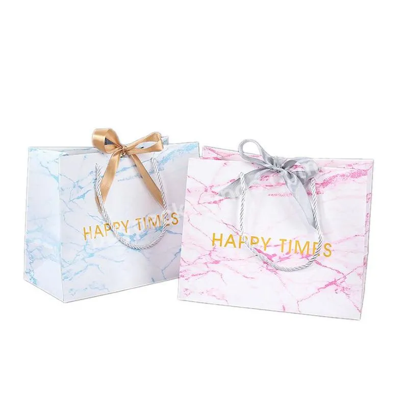 Cost-effective Luxury Handle Marble Paper Bag Custom White Party Printed Return Gift Pack Bags With Ribbon For Wedding Pink