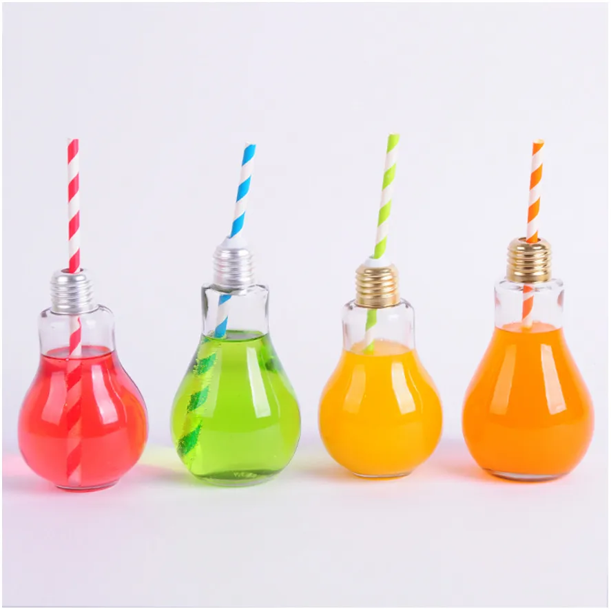 Creative Light Bulb Beverage Bottle Glass Juice Cup Honey Glass Bottle Solar copper wire lamp glass bottle