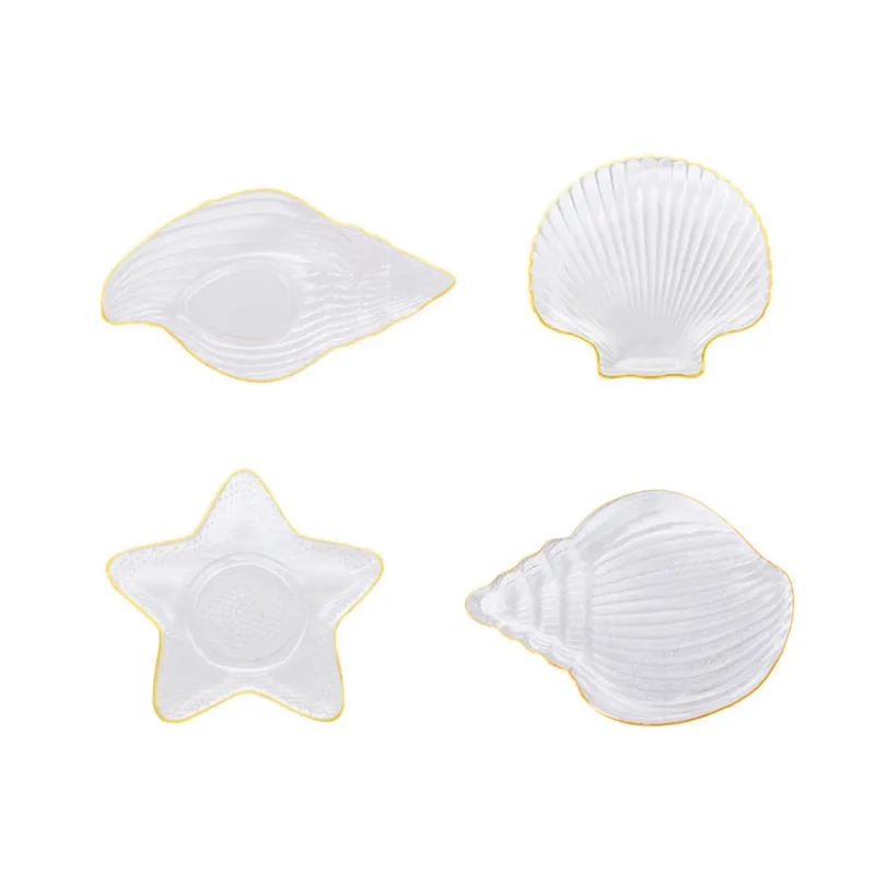 Creative Ocean Style Gold Border Shell Conch Star Shaped Dessert High Quality Glass Material Plate