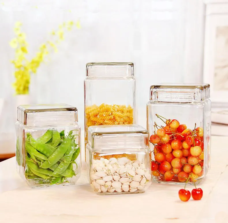 Cuboid Glass Jar With Airtight Glass Lids Clear Glass Food Drink Canisters For Tea Nuts Spice Candy