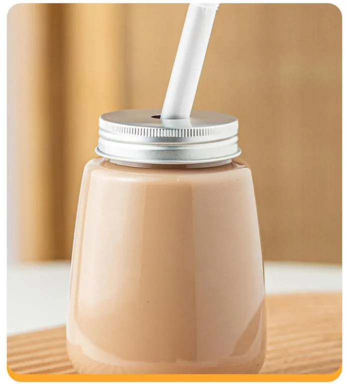 Custom 500ml clean Glass Milk Tea Coffee Bottle Big Mouth Thickening Fat Drink Juice Glass Can with Straw