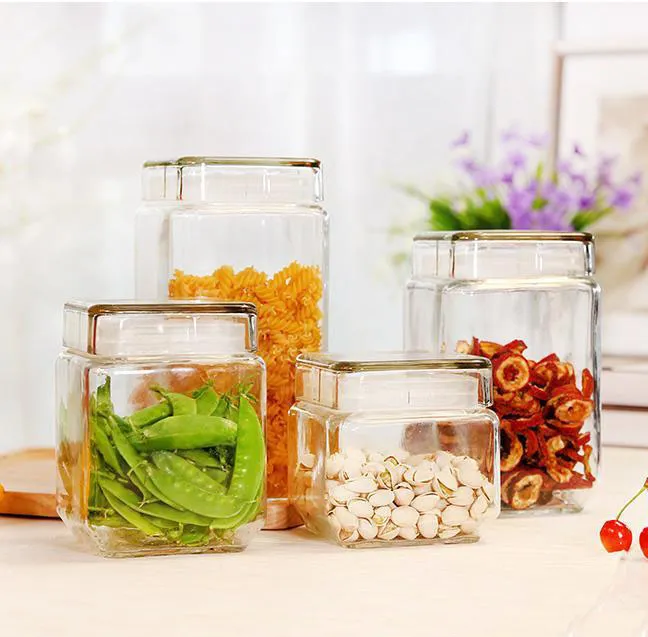 Custom 900ml 1300ml 1700ml 2200ml  Food Canisters Square Shaped Transparent Glass Jars For Food Storage