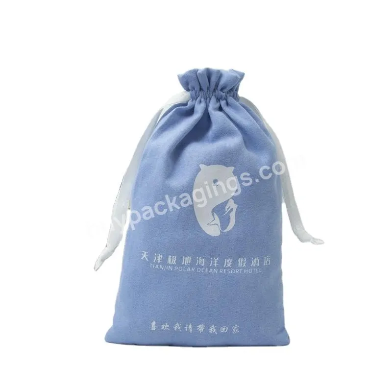 Custom Blue Cute Logo Printed Gift Suede Velvet Drawstring Bag Cosmetic