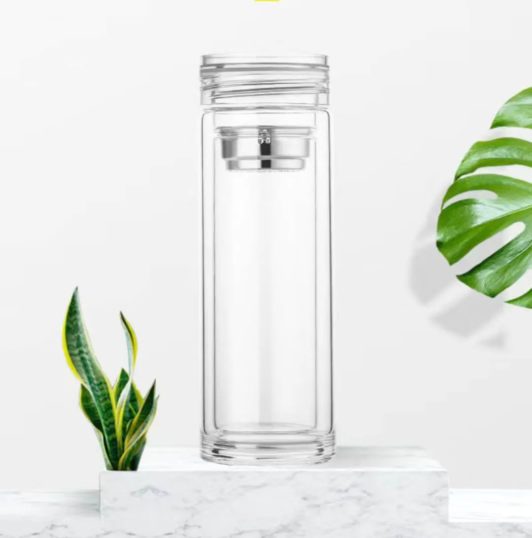 Custom Clear Lid Double Wall Glass Tea Borosilicate Glass Water Bottle with Stainless Steel  Infuser