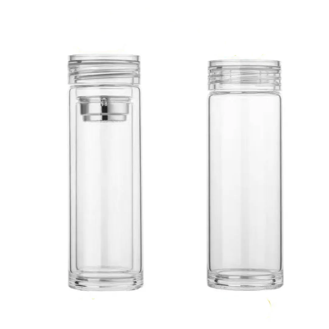 Custom Clear Lid Double Wall Glass Tea Borosilicate Glass Water Bottle with Stainless Steel  Infuser