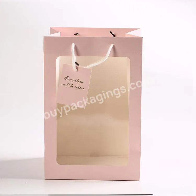 Custom Eco Friendly Transparent Cardboard Craft Bouquet Paper Gift Packaging Bags With Handle