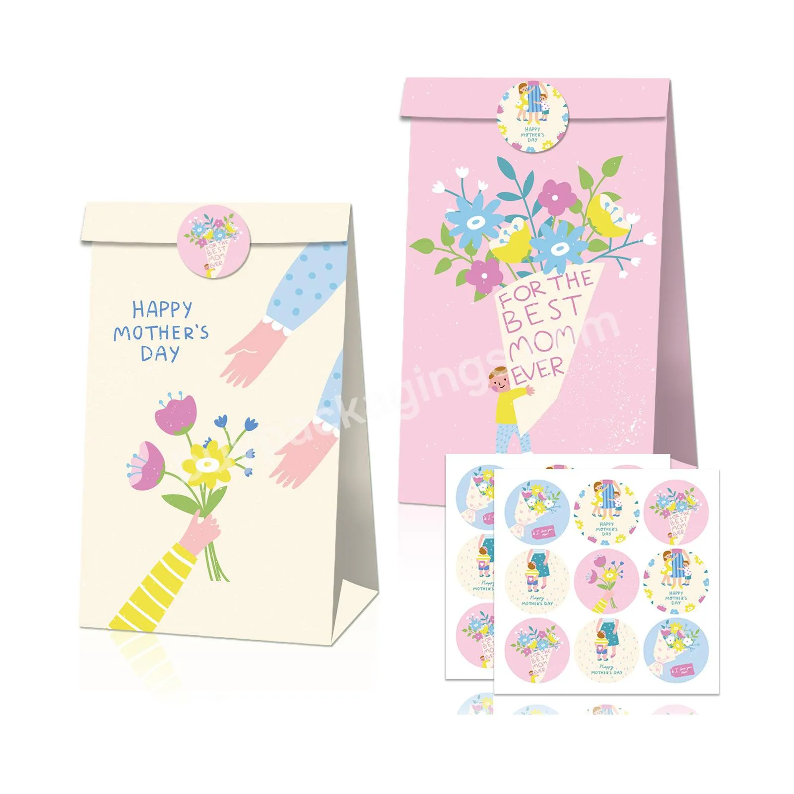 Custom Happy Mother's Day Paper Party Candy Favor Gift Packaging Bags With Sticker