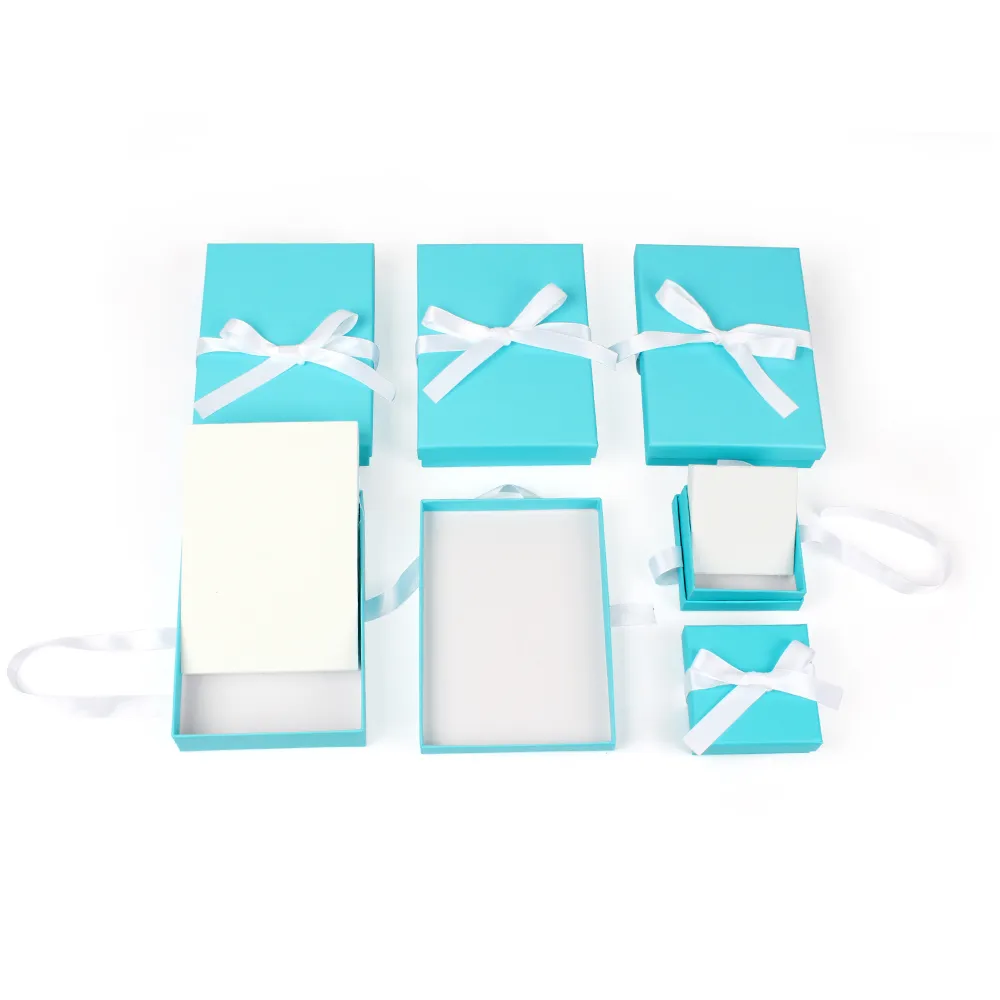 Custom Logo Blue Jewelry Boxes Packaging For Earring Necklace Bracelet With EVA Insert and ribbon tie