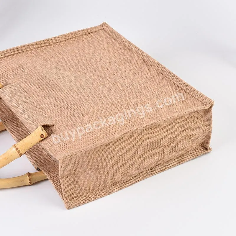 Custom Logo Eco Reusable Jute Handle Bag Shopping Burlap Bag Jute Tote Bag Bamboo Handle