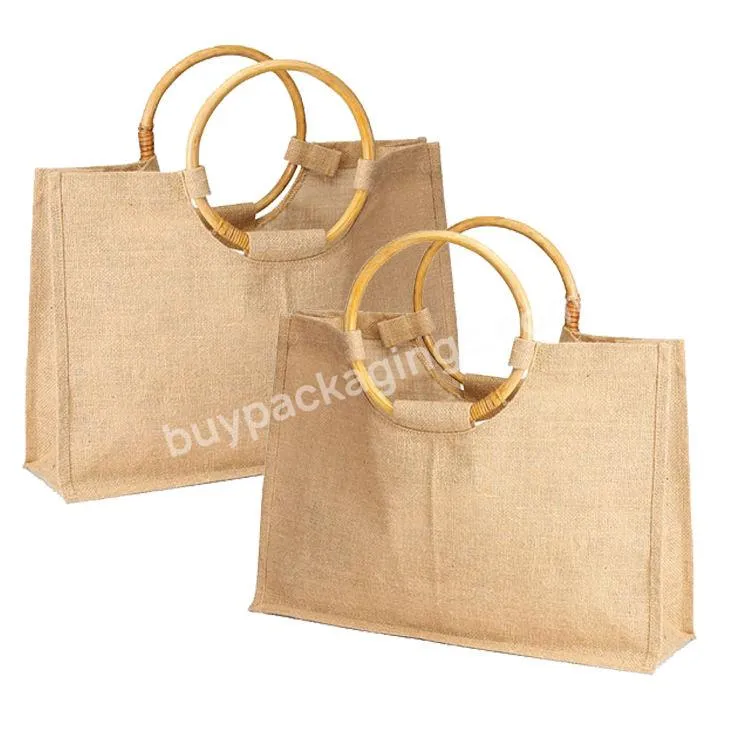 Custom Logo Eco Reusable Jute Handle Bag Shopping Burlap Bag Jute Tote Bag Bamboo Handle