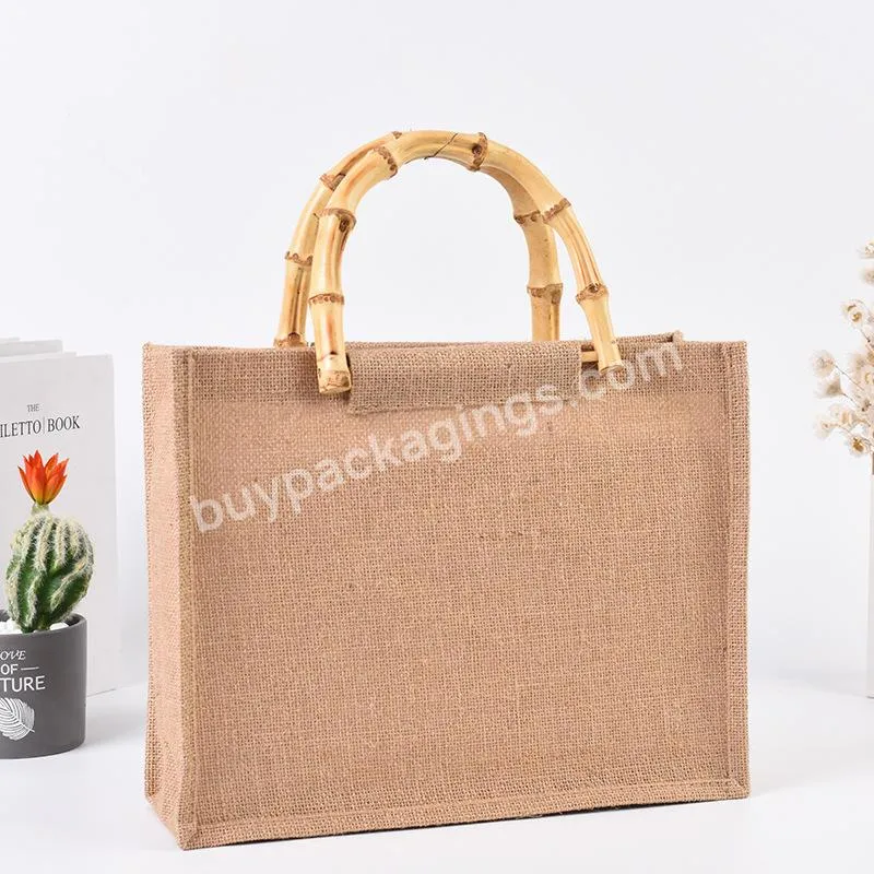 Custom Logo Eco Reusable Jute Handle Bag Shopping Burlap Bag Jute Tote Bag Bamboo Handle