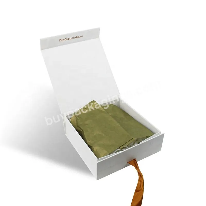 Custom Logo Foil Rose Gold Collapsible Folding Gift Box With Ribbon Bow White Paper Packaging