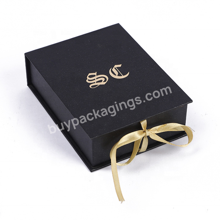 Custom Logo Gift Packaging Black Paper Cardboard Magnetic Box With Ribbon