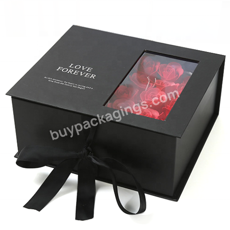 Custom Logo Gift Packaging Black Paper Cardboard Magnetic Box With Ribbon