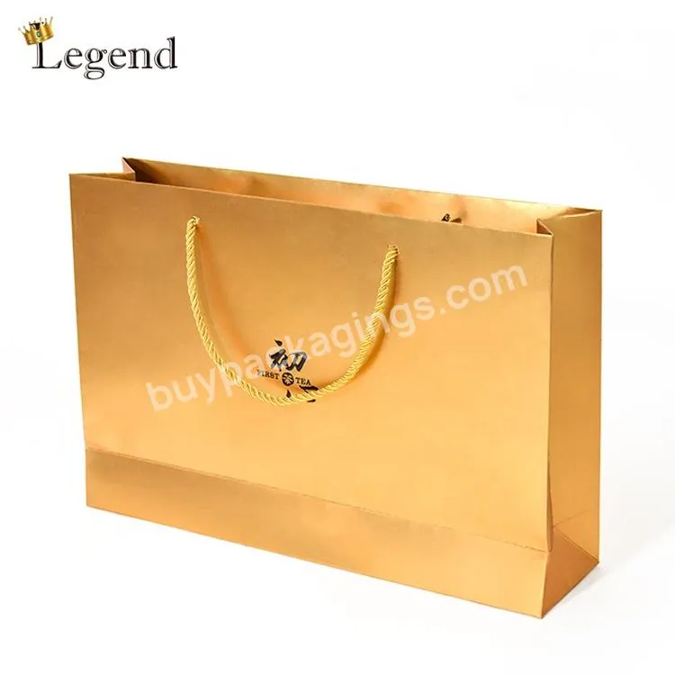 Custom Logo High End Shopping Paper Bag Metallic Gold Color Luxury Gold Paper Bag