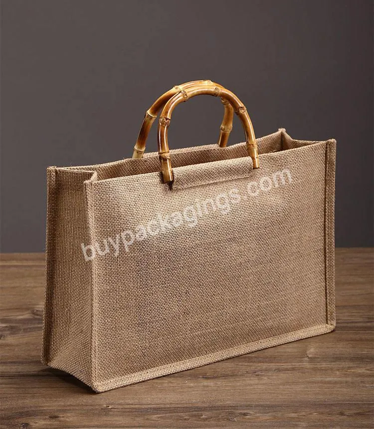 Custom Logo Jute Linen Shopping Tote Bag Reusable Burlap Hessian Grocery Bag With Bamboo Handle